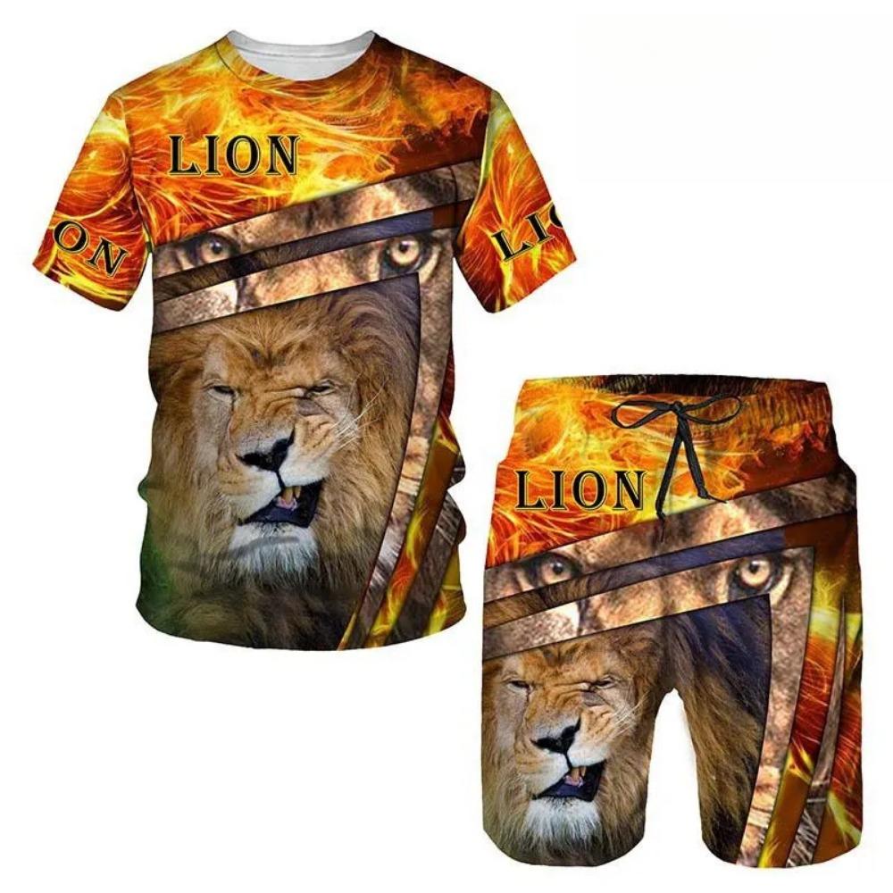 Summer Round Neck 3D Animal Printed Set Fashionable and Casual Short Sleeved Shorts Men's Sport Wear