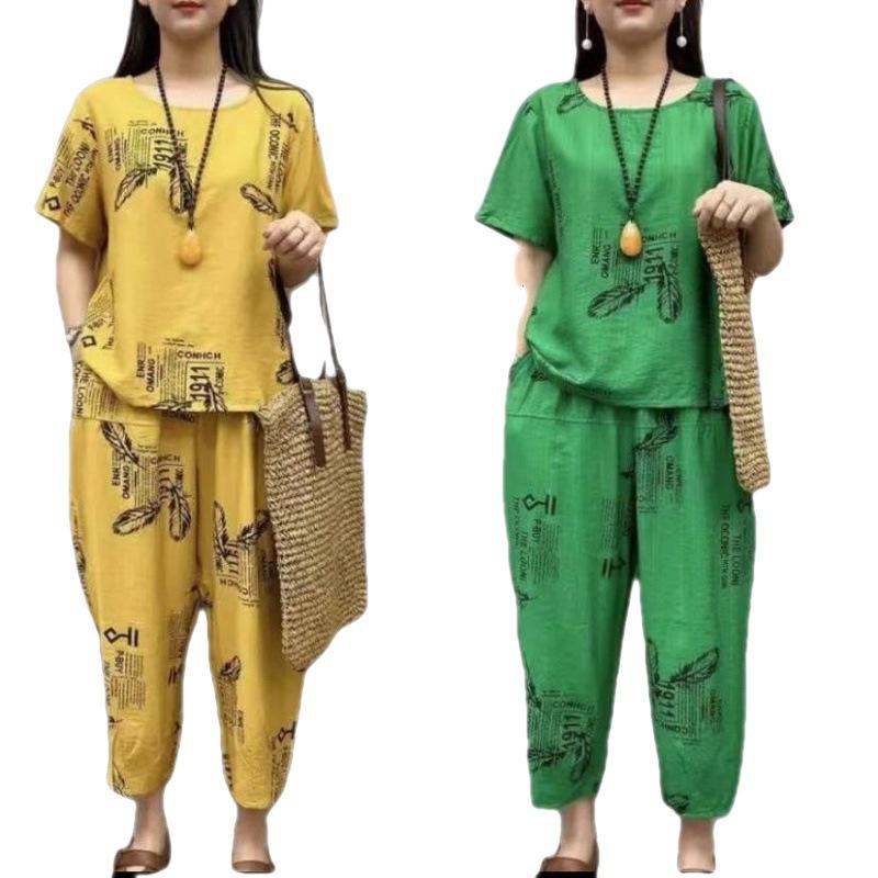 Popular Summer Hemp Short-sleeved Mother's Clothing for Middle-aged and Elderly People, Large Size, Casual, Western Style, Loose Two-piece Trendy Suit