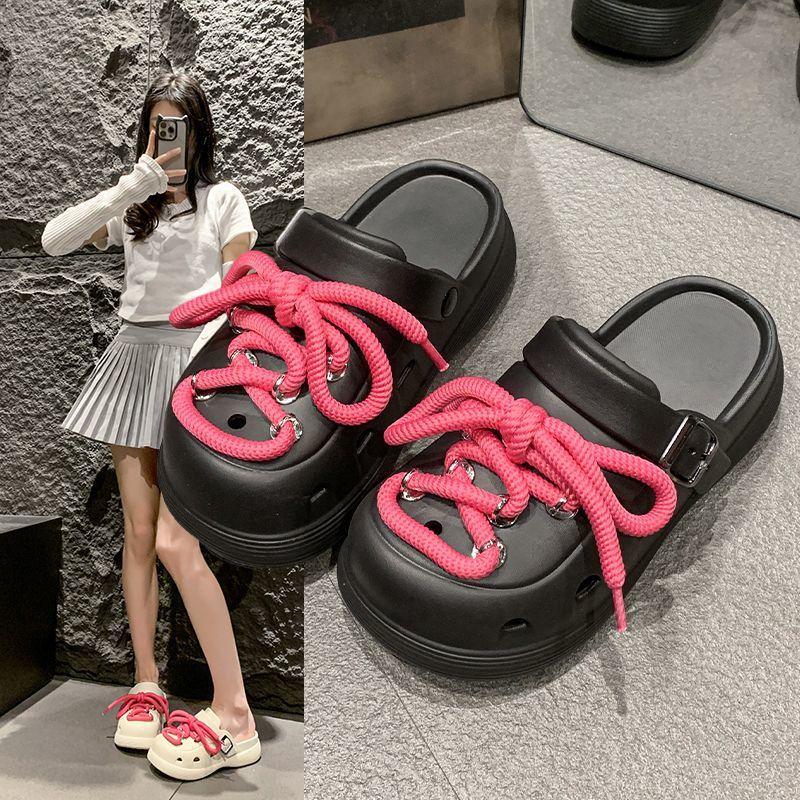 Fashion versatile muffin thick bottom stepping on shit bag head slippers summer and autumn outer wear belt buckle hole shoes