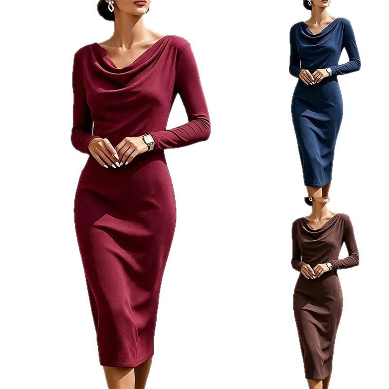 Vestido de manga larga con cuello de oscilación nuevo para otoño e invierno 2026 estilo europeo y americano con estampado de cadera temperamento para ir al trabajo cintura y delgado para mujer
