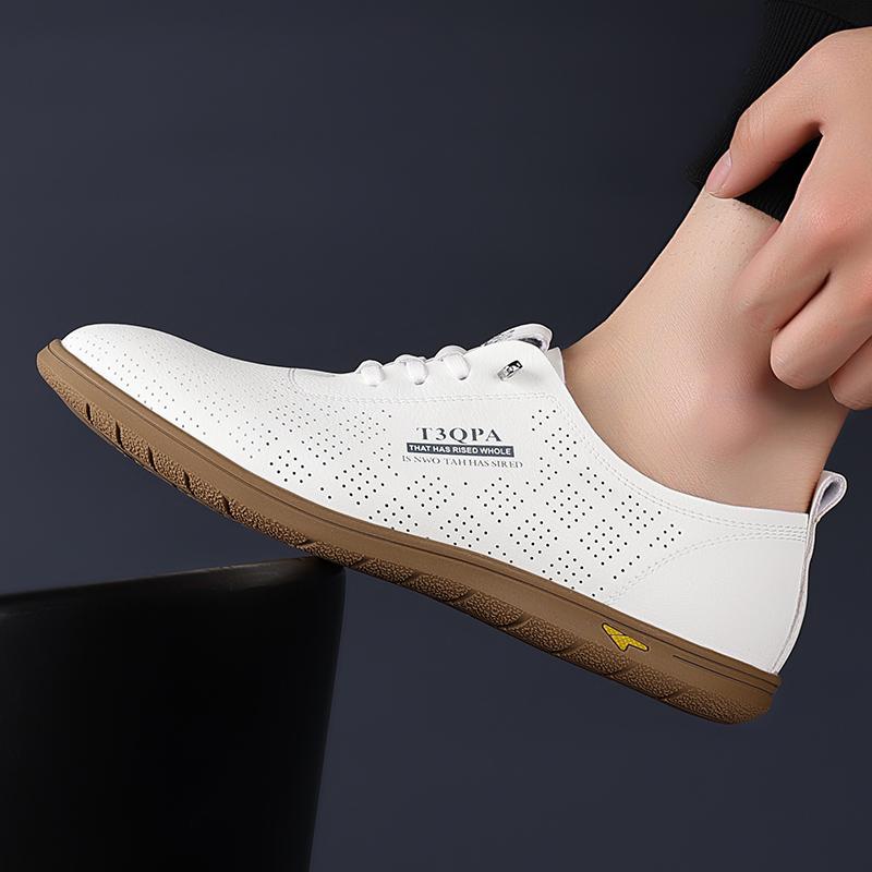 Summer Comfort Punching Leather Men Shoes Casual Lightweight Lace Up Men Leather Oxford Shoes Breathable Comfortable Flats Shoes