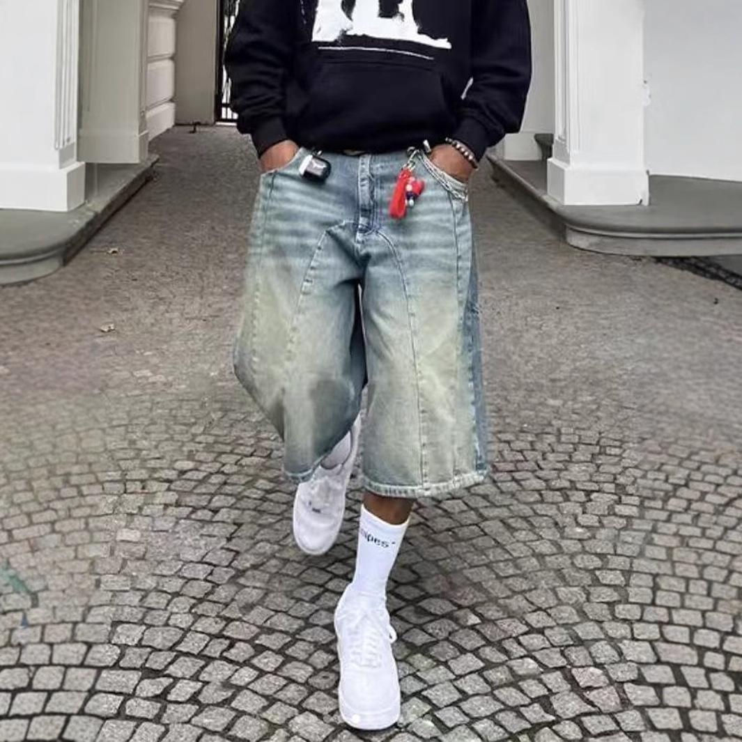 Herren Baggy Jeansshorts Retro Weites Bein Zimmermann Mittellange Jeans Reißverschluss Hip Hop Jorts mit Taschen Lässige Streetwear XS blau