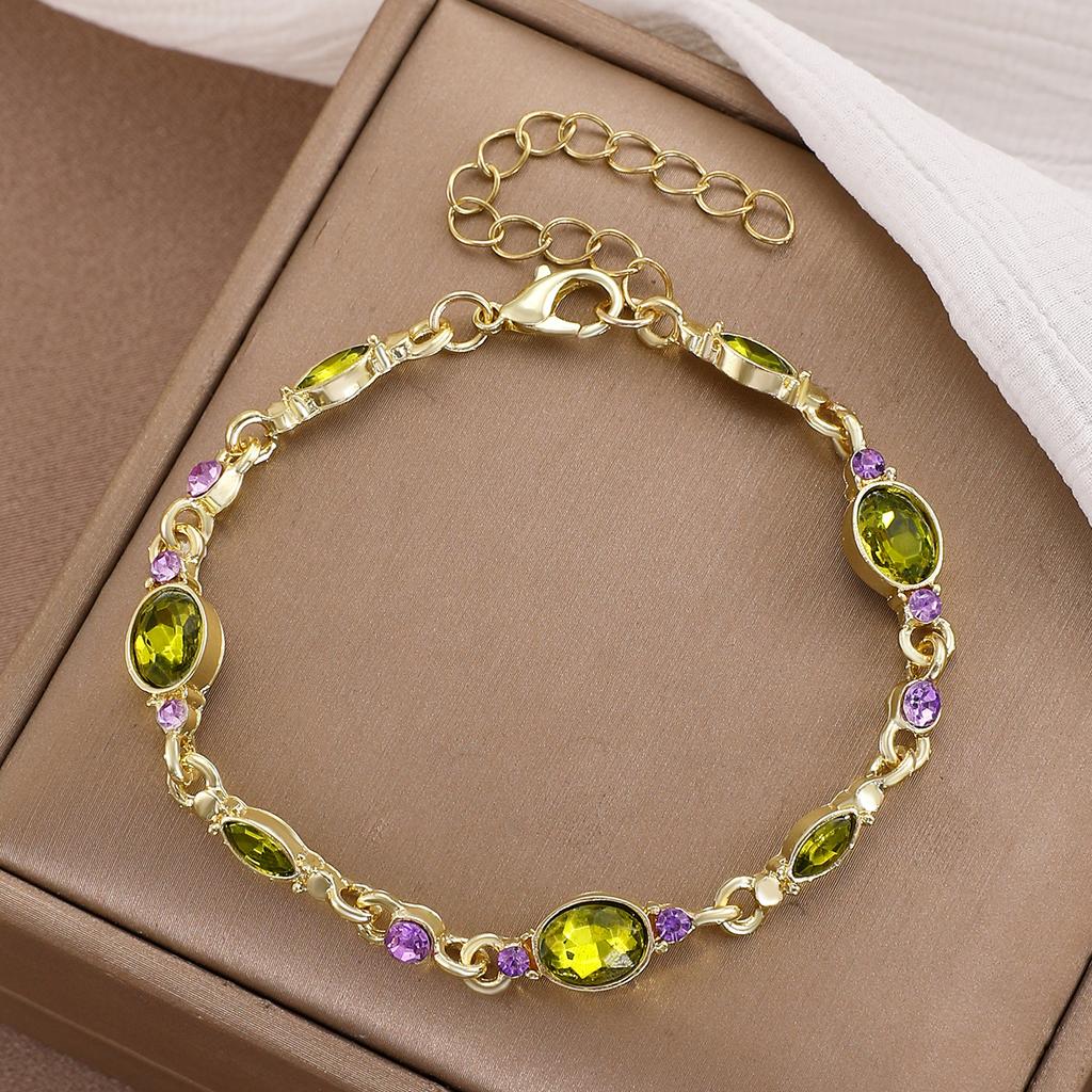 Light Luxury Green Purple Crystal Zircon Bracelet For Women Exquisite Shiny Rhinestone Link Chain Bangle Party Wedding Jewelry