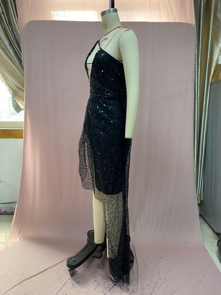Dreamy High-Slit Sequin Evening Dress - Long Sleeve Women's Formal Wear