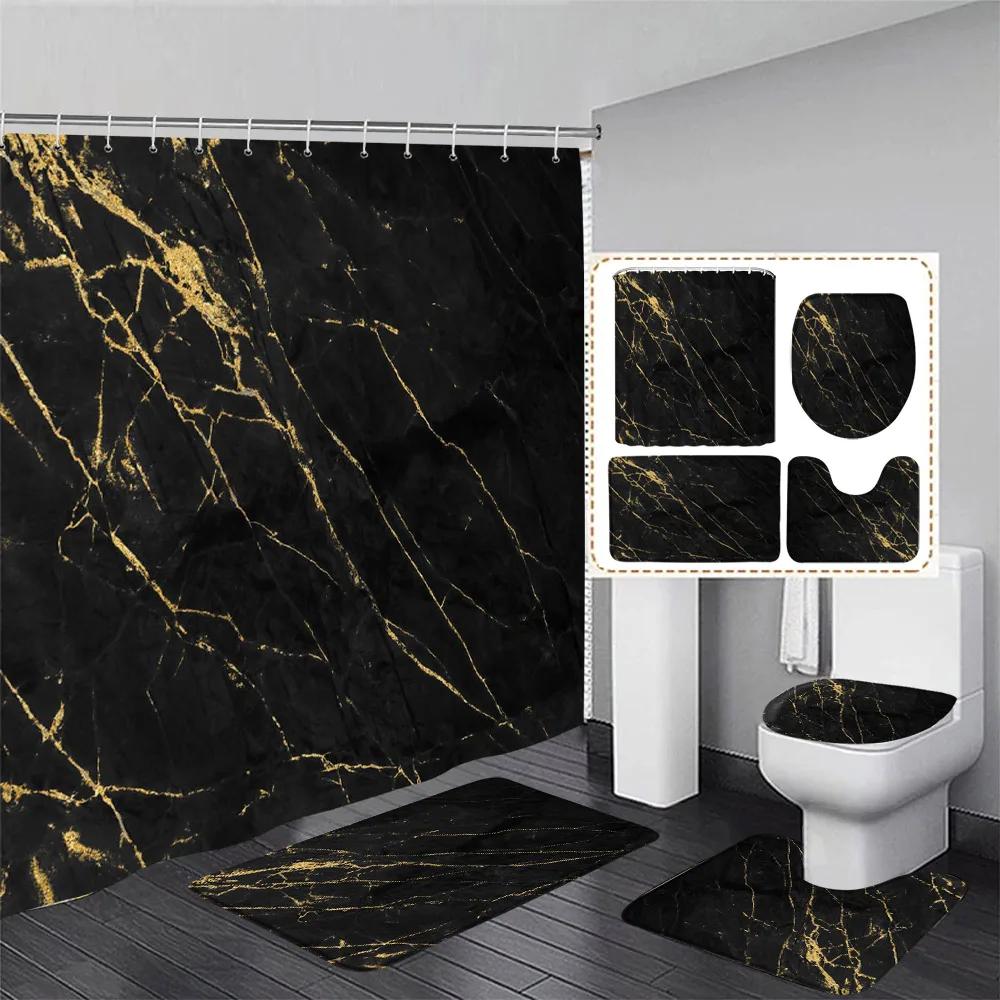 

Black Marble Shower Curtain Set White Lines Cracked Pattern Modern Geometric Bathroom Decor Non-Slip Rug Bath Mats Toilet Cover W60H190(CM)-1 Pcs