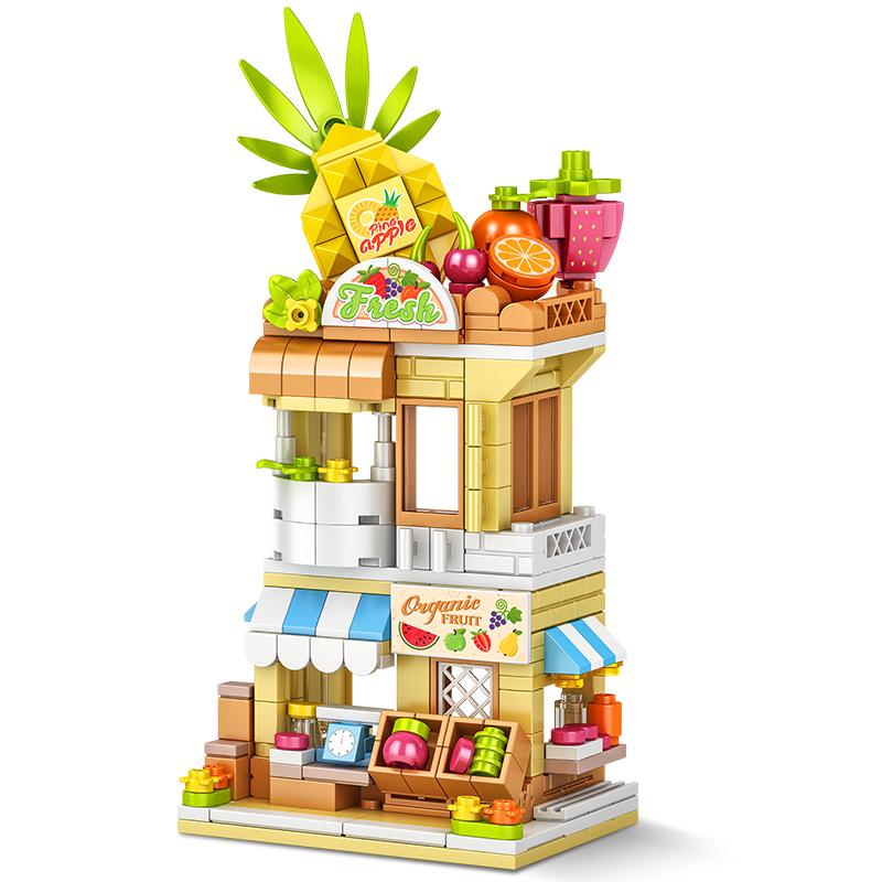 Stadt Bausteine Obstladen Blumengeschäft Hausmodell Set Desktop Deko Kinder DIY Spielzeug Weihnachts- Geburtstagsgeschenk