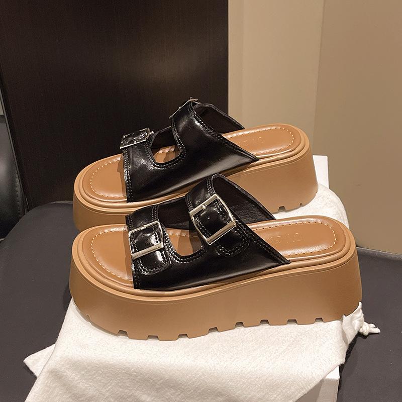 Fashion versatile platform shoes women's summer outer wear beach shoes retro double buckle with new one-word slippers