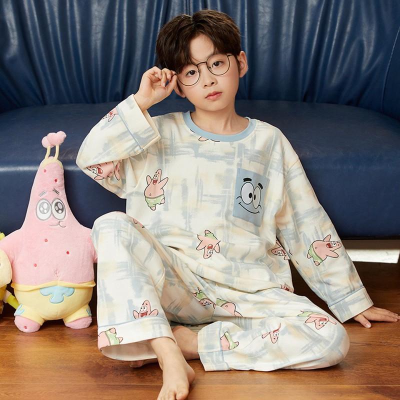 100% Combed Cotton Boys Pajama Set Long Sleeve Cartoon Print Sleepwear Teens 8 Years Lightweight Home Wear