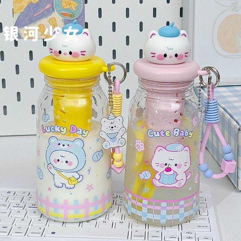Water bottle kitten water cup plastic cup student portable straw cup summer high value large capacity girl cute straw cup