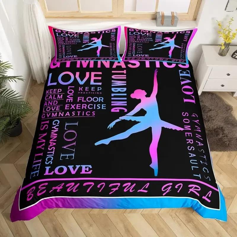 Neon Pink Gymnastics Ballet Dance Bedding Set, Love Gymnastics Theme Duvet Cover Set Polyester Quilt Cover