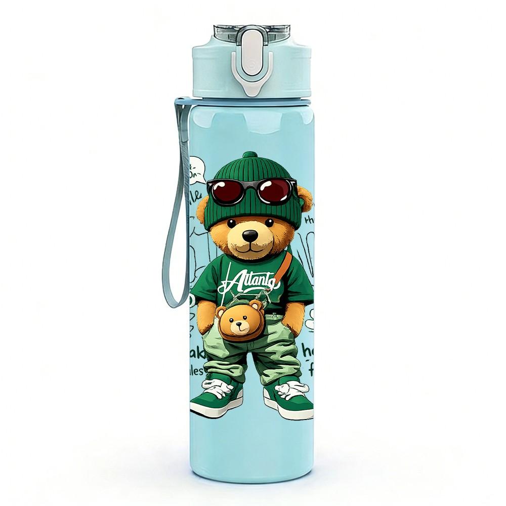 1PC Teddy Bear Green Army Outfit Print 750ml Color Plastic Sports Water Bottle Leakproof Flip Straw Lid Suitable for Sports Office Home Use