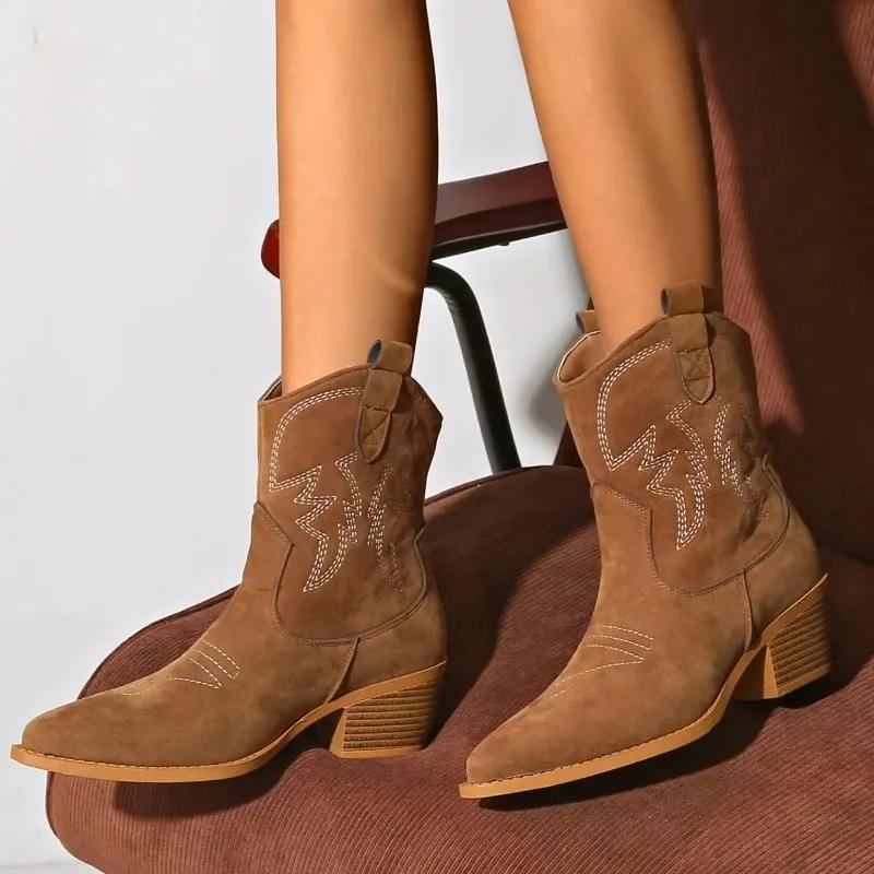 High Quality Embroidered Pointed Toe Shoes for Women Chunky Heel Knight Boots Retro Western Cowboy Short Boots Botas De Mujer