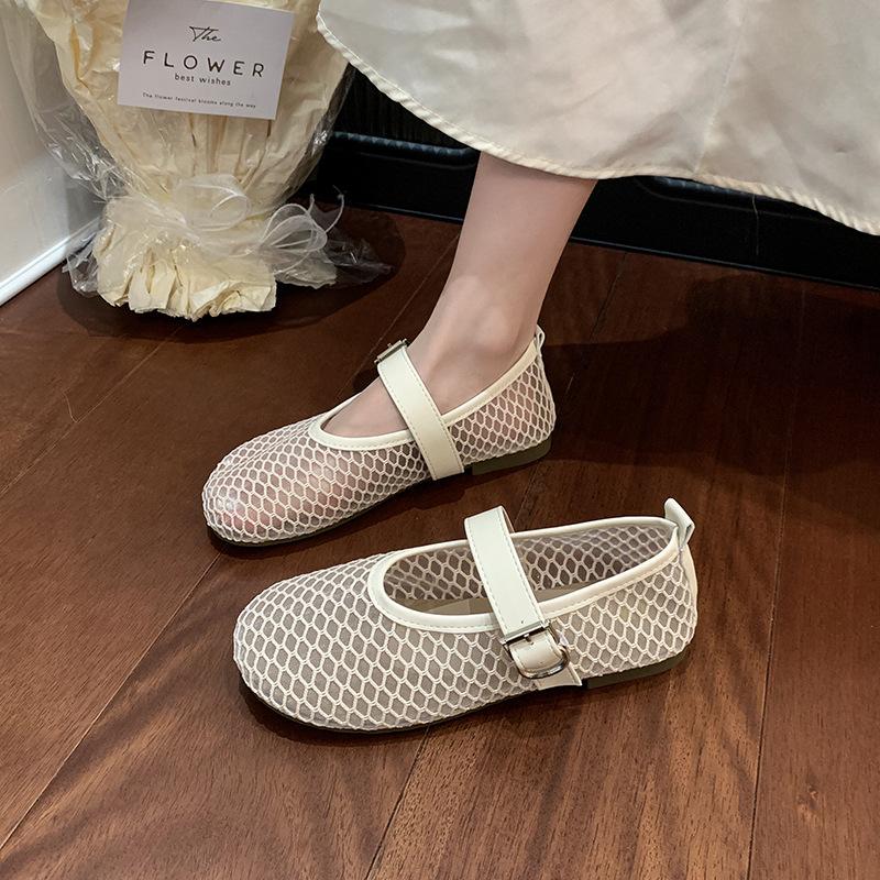 Lazy Wind Inner Height Increase Hollow Breathable Bag Head Half Slippers Women Summer Wear a Pedal Mary Jane Flat Bottom Fishing Net Shoes