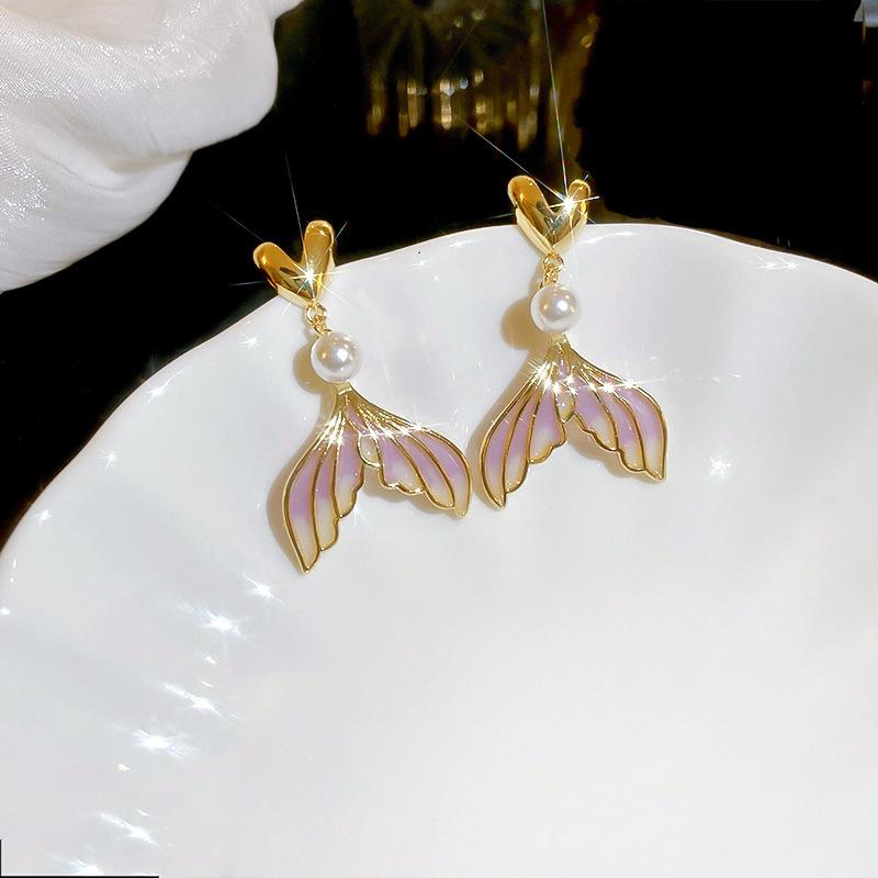 Super Flash Diamond Purple Flower Pearl Stud Earrings French Earrings