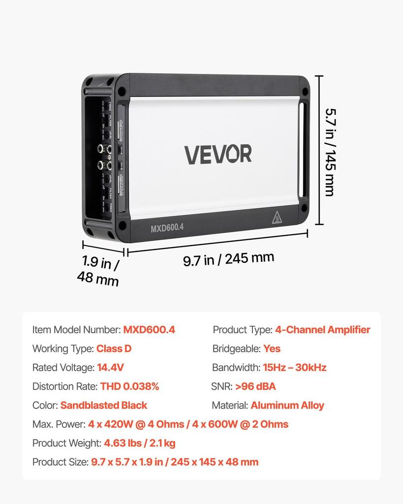 Car Audio Amplifier, 4-Channel Bridgeable Car Amplifier, Multichannel Class D Stereo Amp, Max. 4 x 420W at 4 Ohms / 4 x 600W at 2 Ohms, High Output,