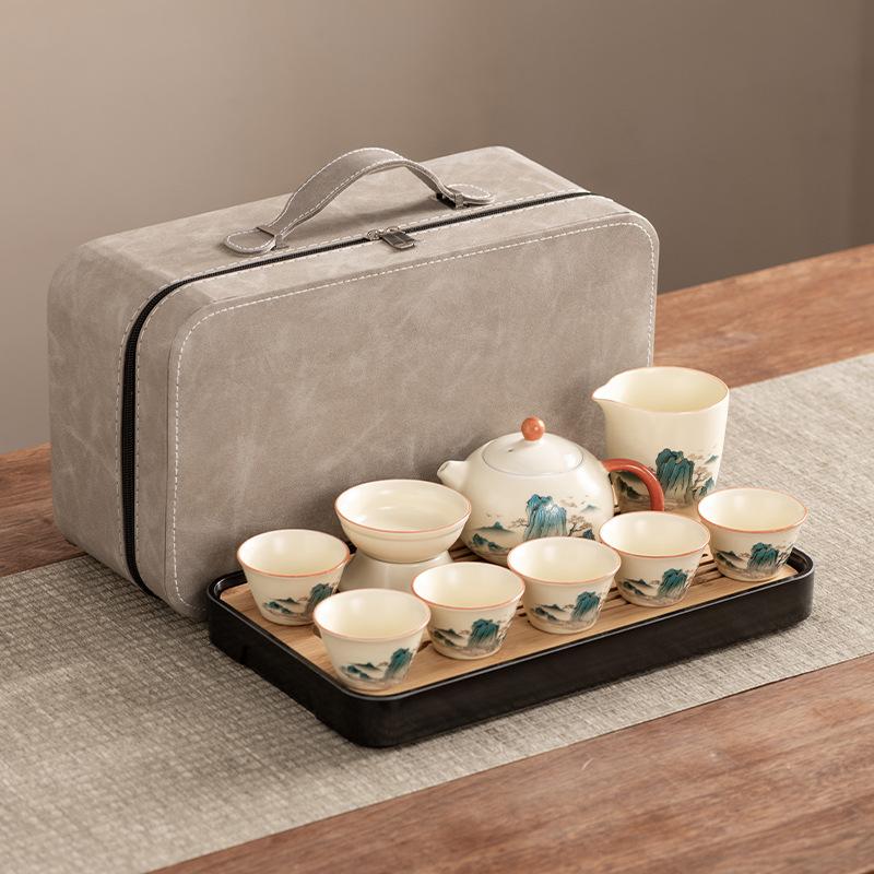 Xishi Teapot Huang Ru Kiln Travel Kung Fu Tea Set Household Portable Teacup Teapot Light Luxury Business Gifts