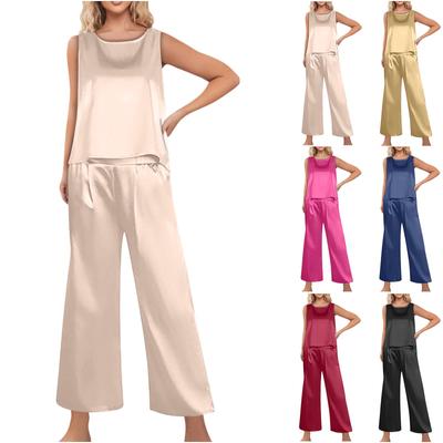 Women's Silk Satin Pajama 2 Piece Outfits Sleeveless Tank Top And Wide Leg Pants Set With Pockets