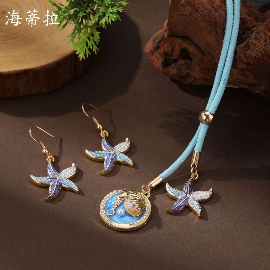 Neue Emaille Farbe Seestern Muschel Ohrringe Lange Halskette Damen Sommer Strand Klein Klar Seestern Langer Anhänger