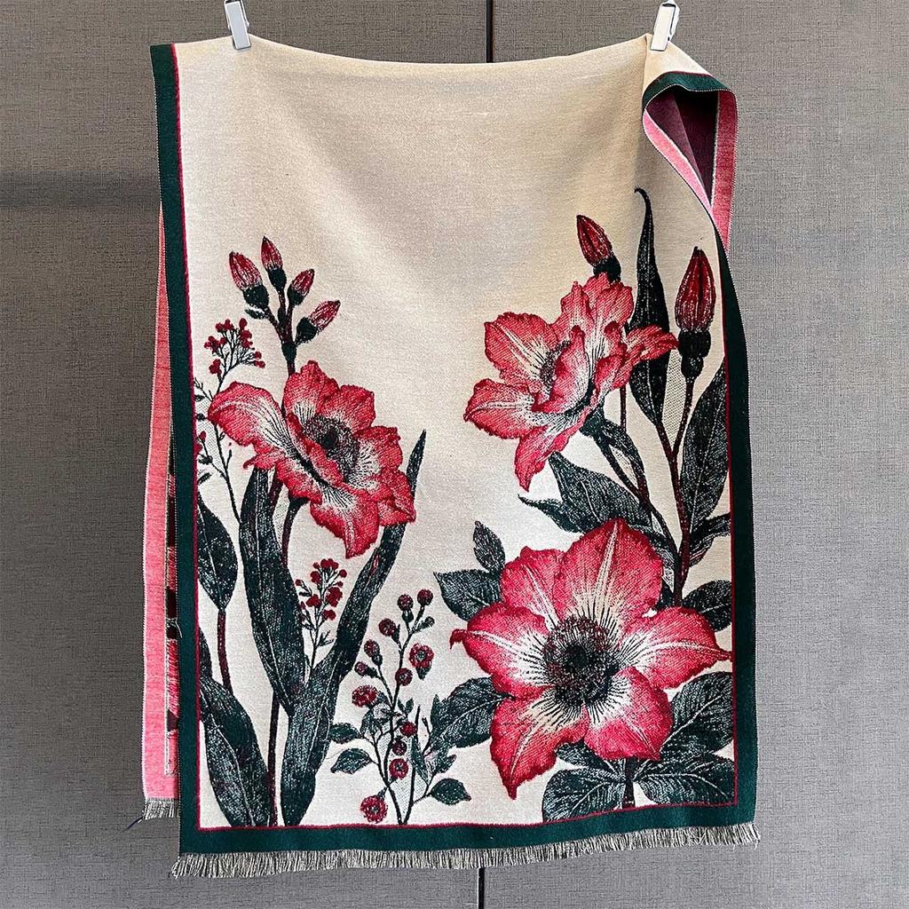 Autumn New Plant Flower Print Scarf Autumn and Winter Imitation Cashmere High-end Warm Scarf Shawl Women