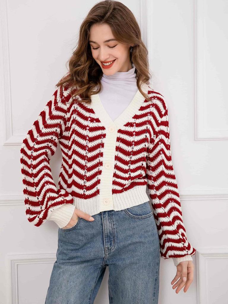 Women's Retro Striped V-Neck Button Knit Cardigan – Long Sleeve, Hollow Design for Autumn/Winter