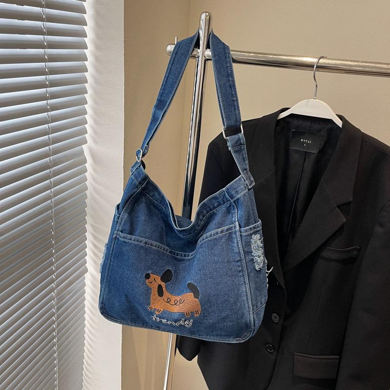 Джинсовая сумка кроссбоди с вышивкой таксы - Модная и универсальная одноплечевая сумка для книг для женщин, 2025