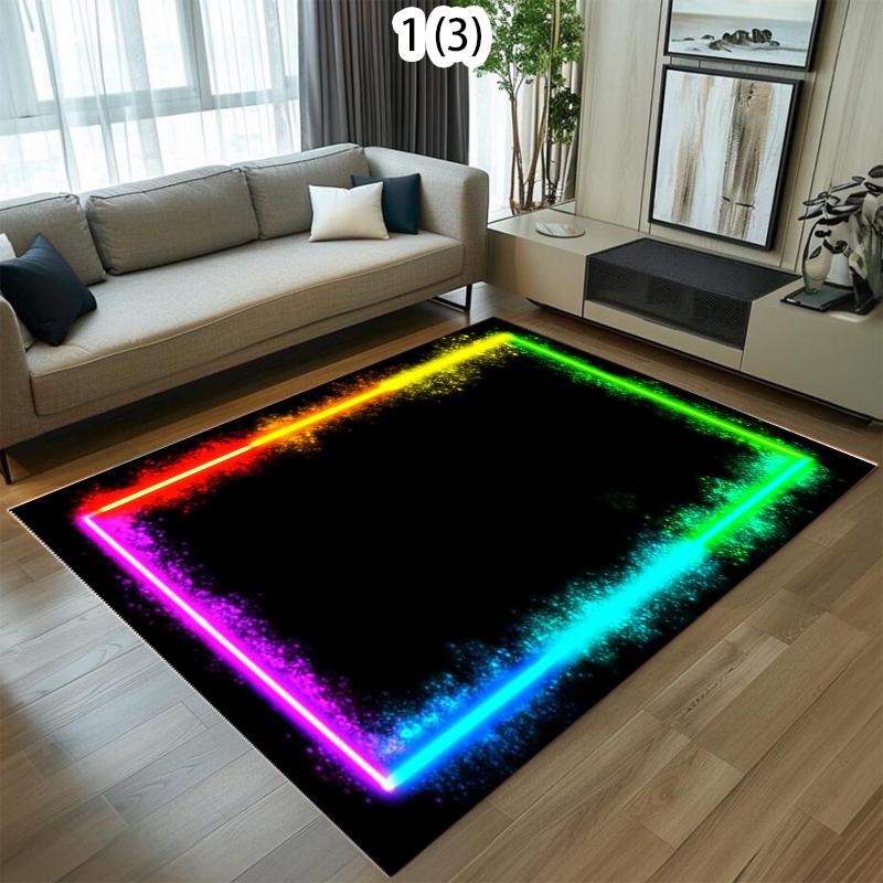 Vivid Neon Light Border Area Rug with Colorful Glow Effect Soft Non Slip Floor Carpet for Modern Game Room Living Room