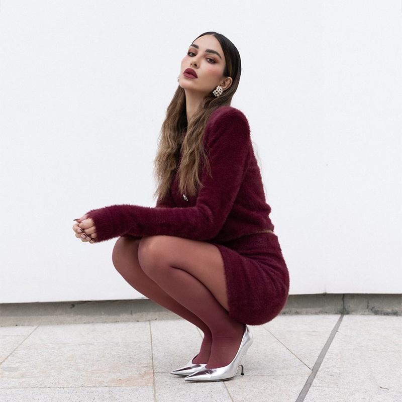 Damen Vintage Einfarbig Strickrock Anzug Herbst Winter O-Ausschnitt Langarm Einreihige Strickjacke Kurzer A-Linienrock Zweiteilige Sets