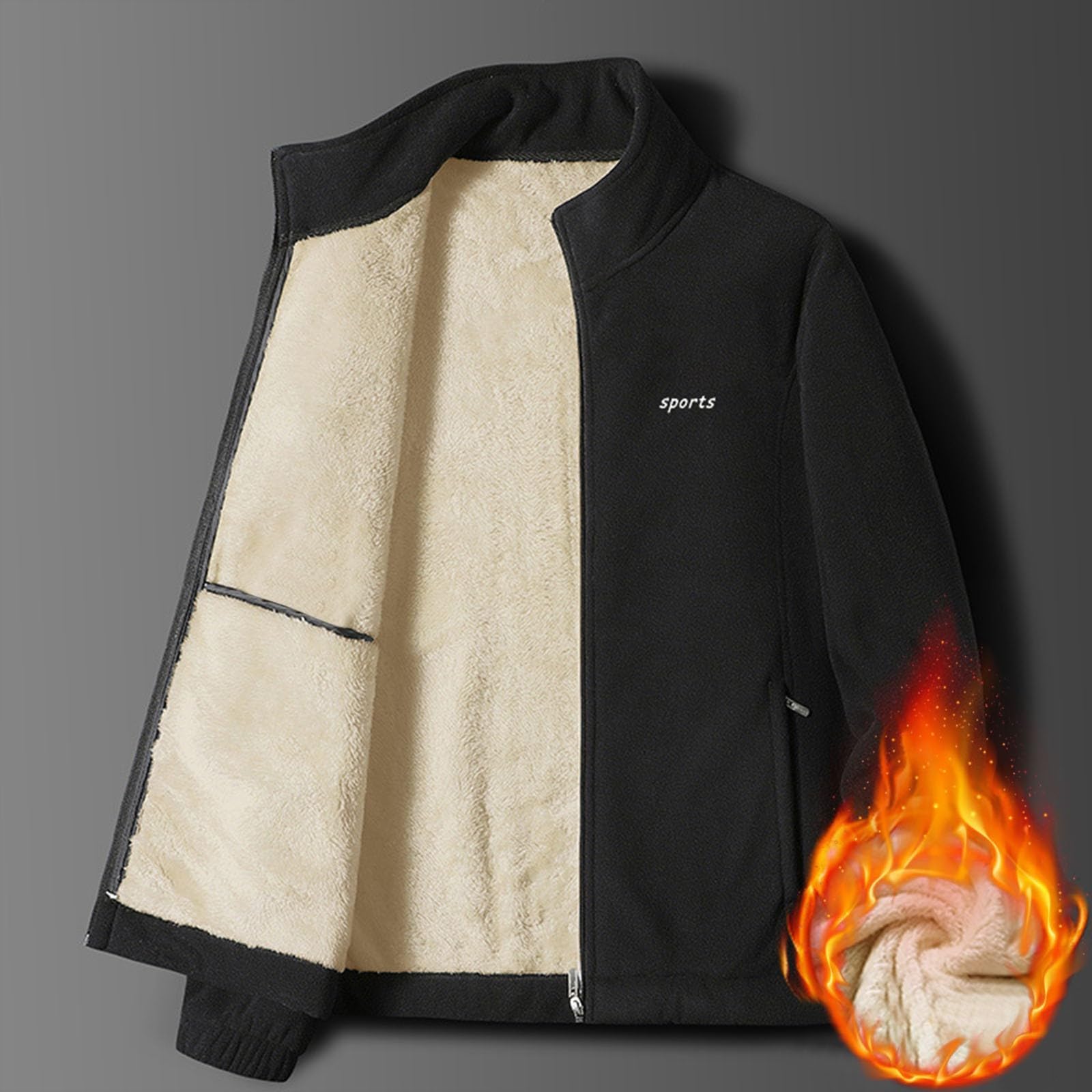 Men s -color Casual Fleece Thickened Jacket, Men s Long-sleeved Stand-up Collar Fleece Warm Coat L