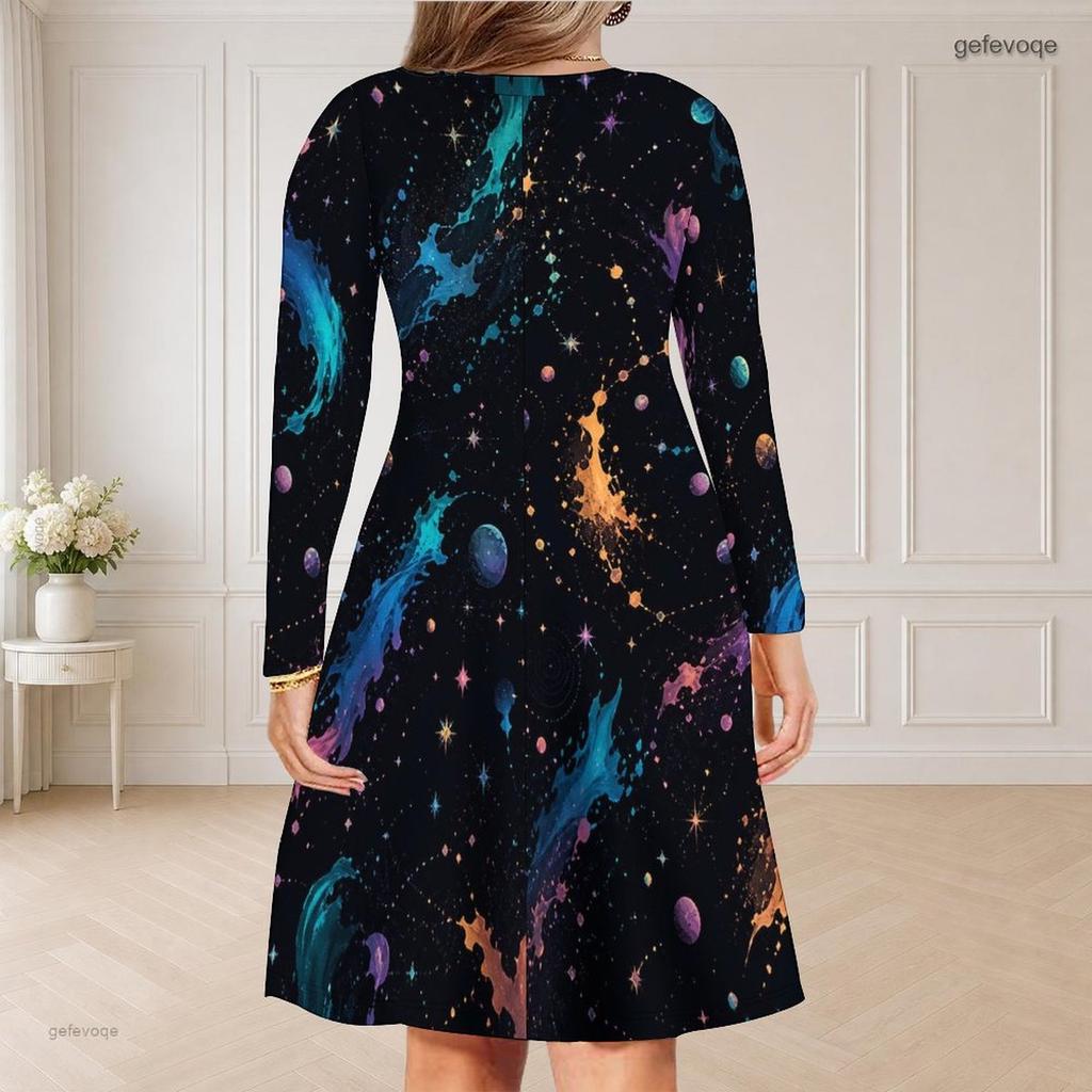 Women Plus Size V Neck Long Sleeve Colorful Abstract Printed Curved Hem Dress