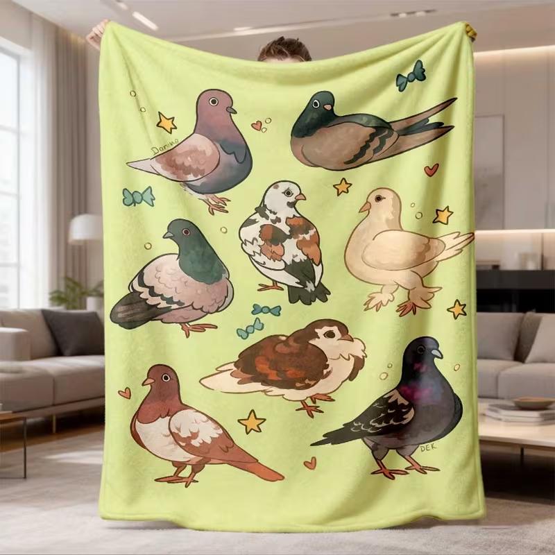 Cute Cartoon Pigeon Blanket Green Background Bird Print Soft Warm Blanket Sofa Bed Room Decor All Season