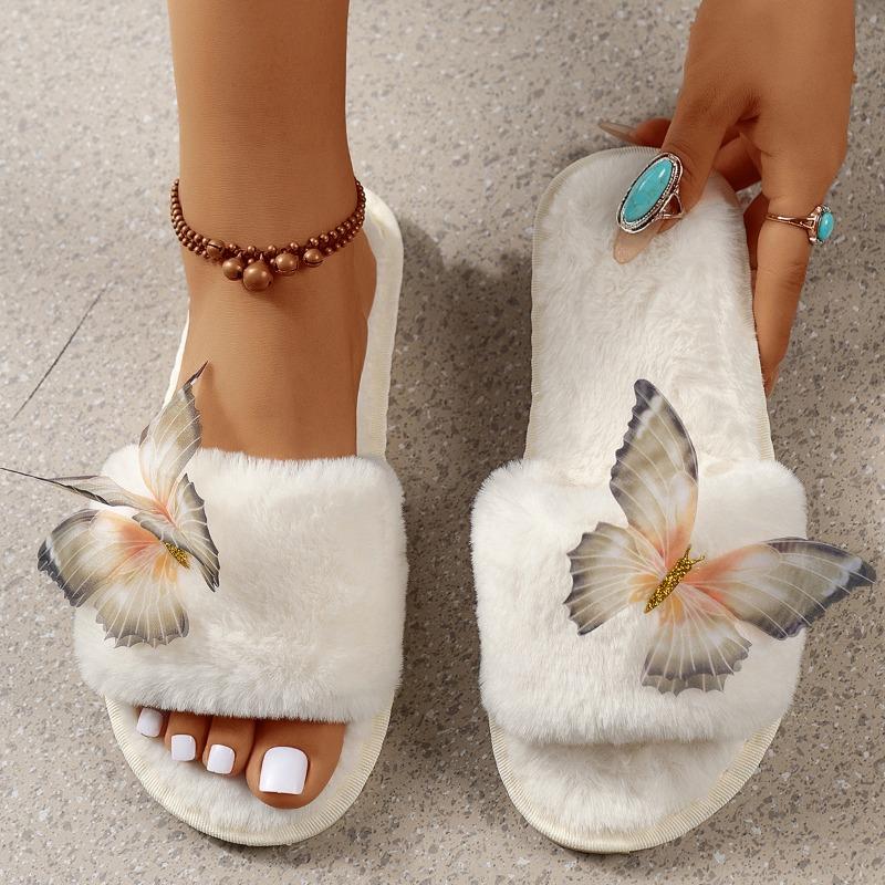 Fashion Hot-selling fashionable Plush Cotton Slippers 2025 Winter New Butterfly Indoor Home Warm Flat Bottom Non-slip Slippers