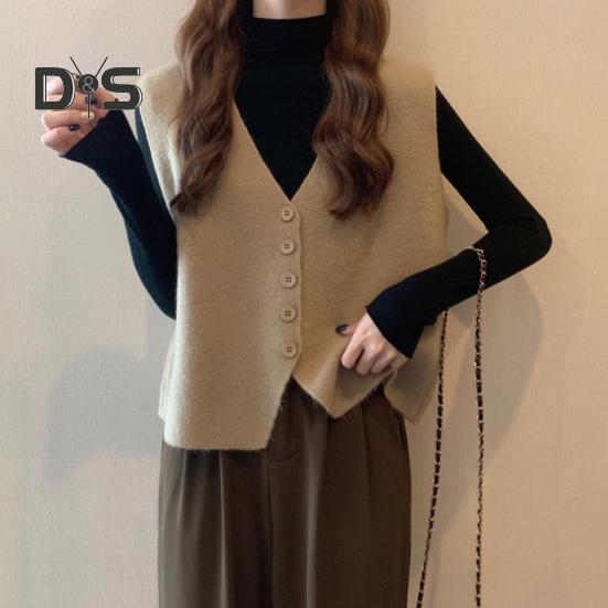 Jesień Zima Damska Kamizelka Dekolt w Serek Zapinana Na Guziki Jednolity Kolor Luźna Dzianina Gruba Utrzymuje Ciepło Bez Rękawów Luźny Sweter Top