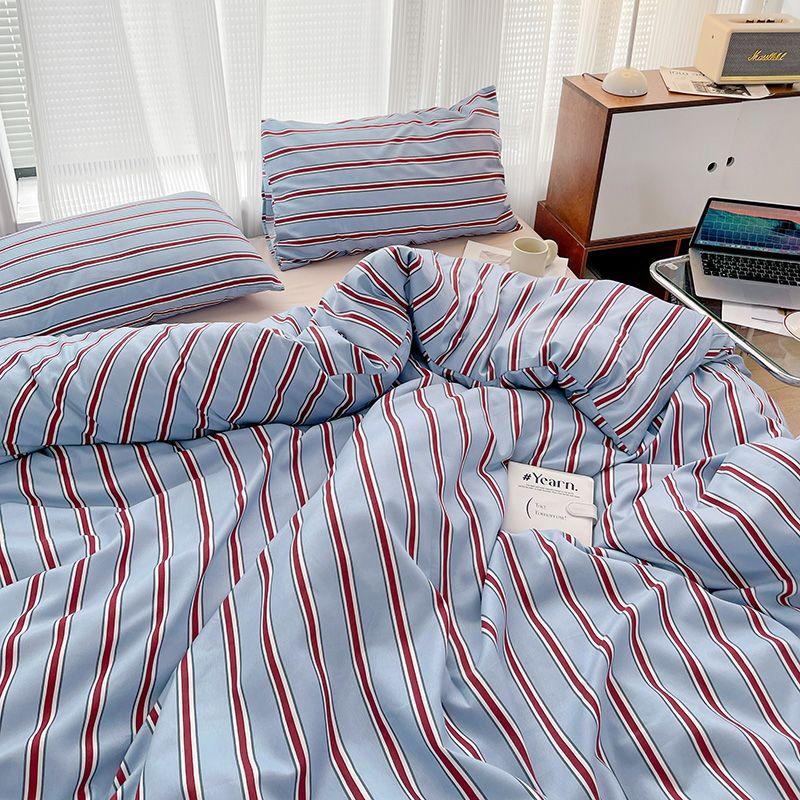 Simple Style Duvet Cover Red And Blue Stripe Bedding Set Flat Sheet Set 100% Washed Cotton Room Bedding for Kids Adult