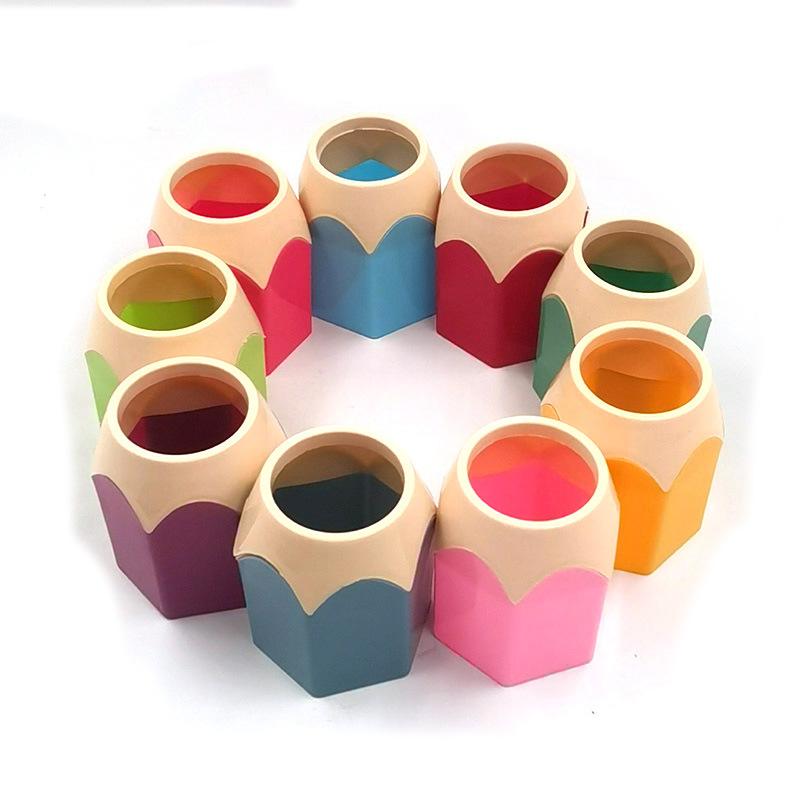 Color Pencil Head Pen Holder Student Office Study Stationery Desktop Storage Bucket Hexagonal Pen Holder Contrasting Color Induction Holder