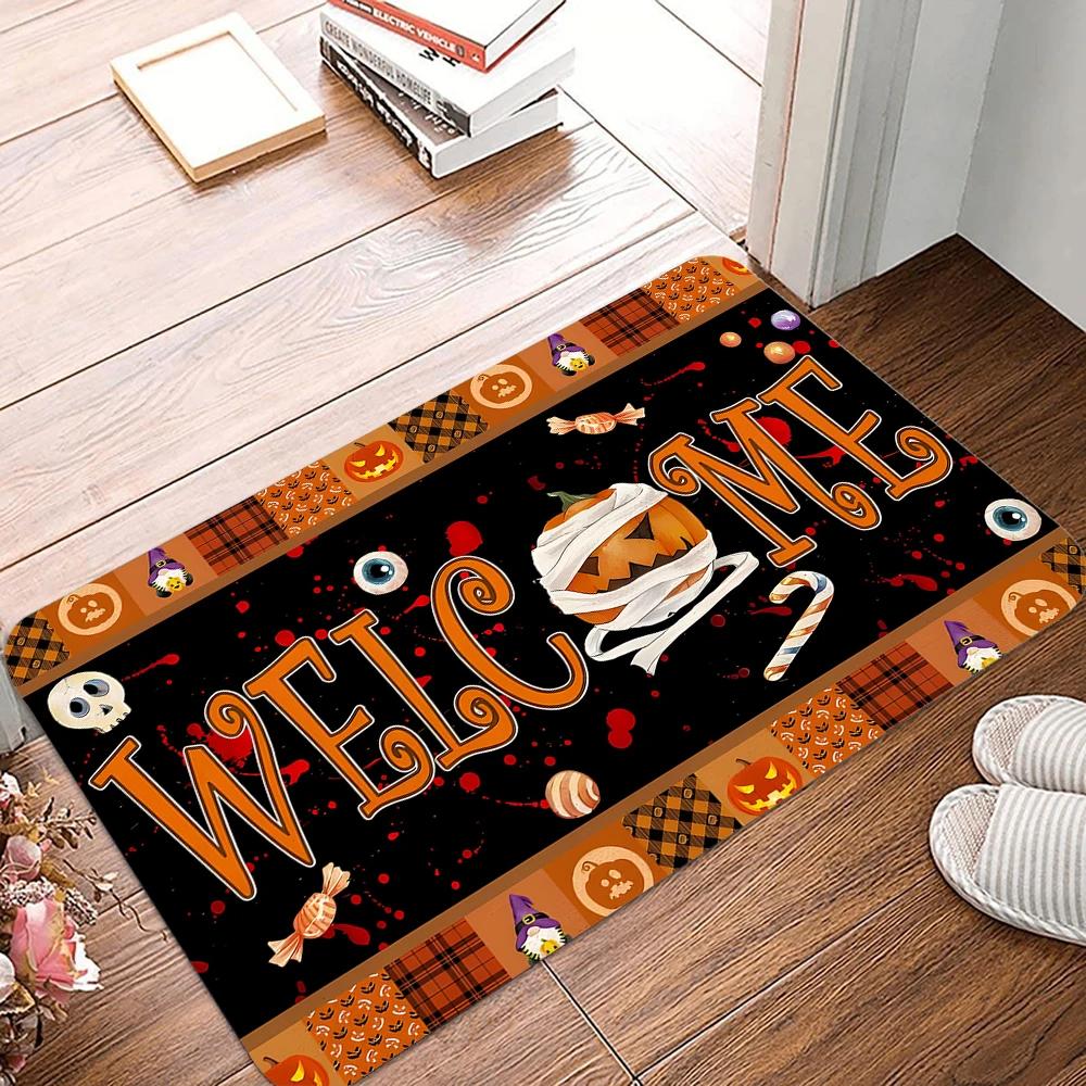 VIKAMA Halloween Welcome Floor Mat Ghost Pumpkin Kitchen Bedroom Floor Mat Outdoor Entrance Carpet Festival Home Decor