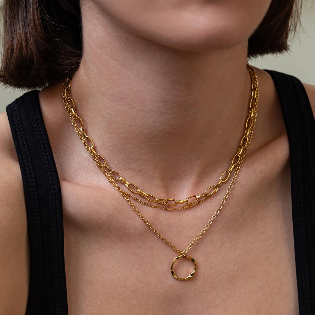 European and American Versatile Stainless Steel Thin Chain Multi-layer Necklace, Simple Spice Girl Style Ring Multi-layer Collarbone Chain Necklace