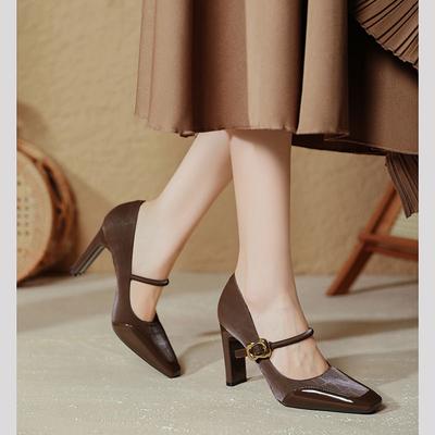 High-heeled Mary Jane Shoes with Red High Heels Thick Heel Sexy New Splicing Square Head Single Shoes