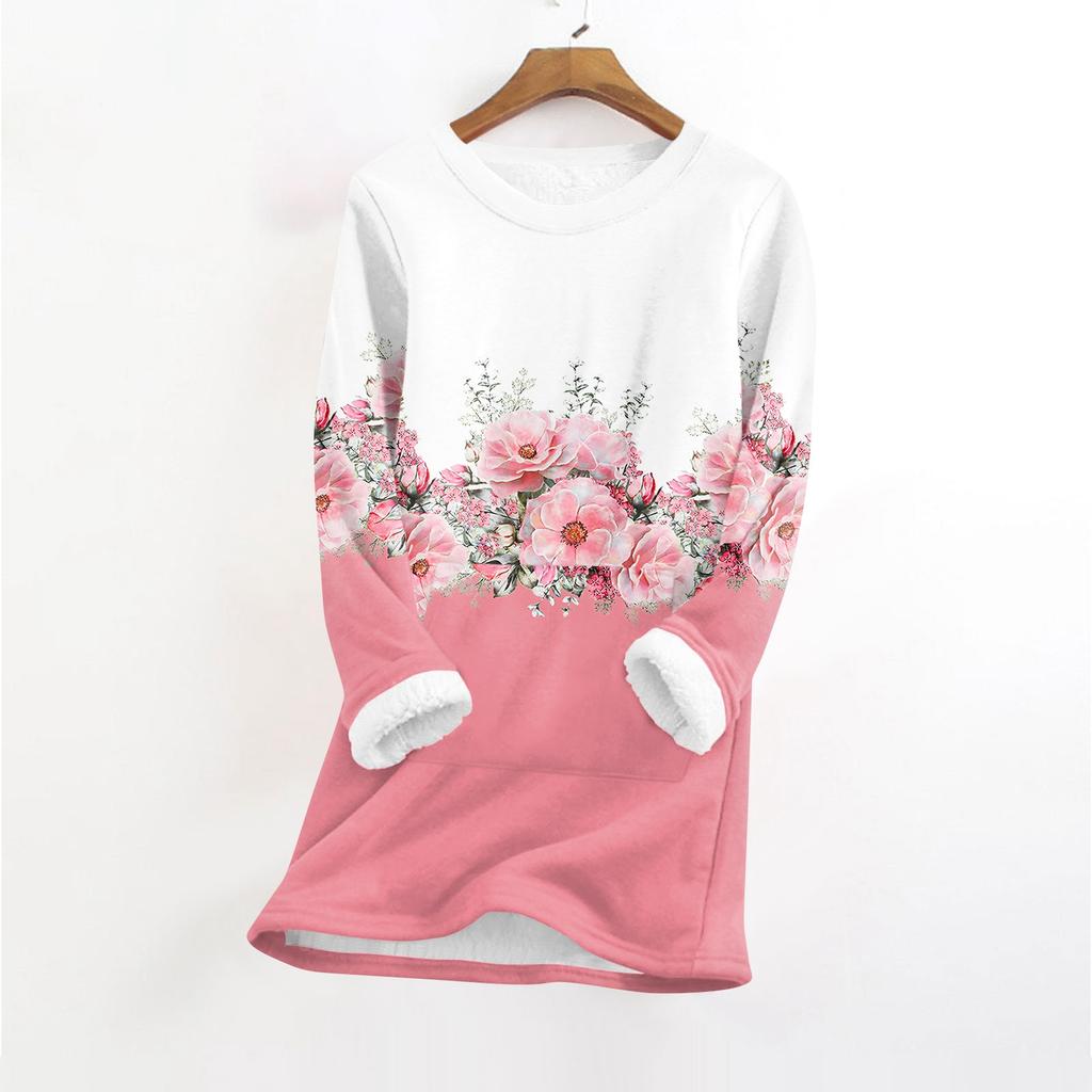 Women's Fashionable Printed Round Neck Long Sleeved Plush Warm Pullover Top