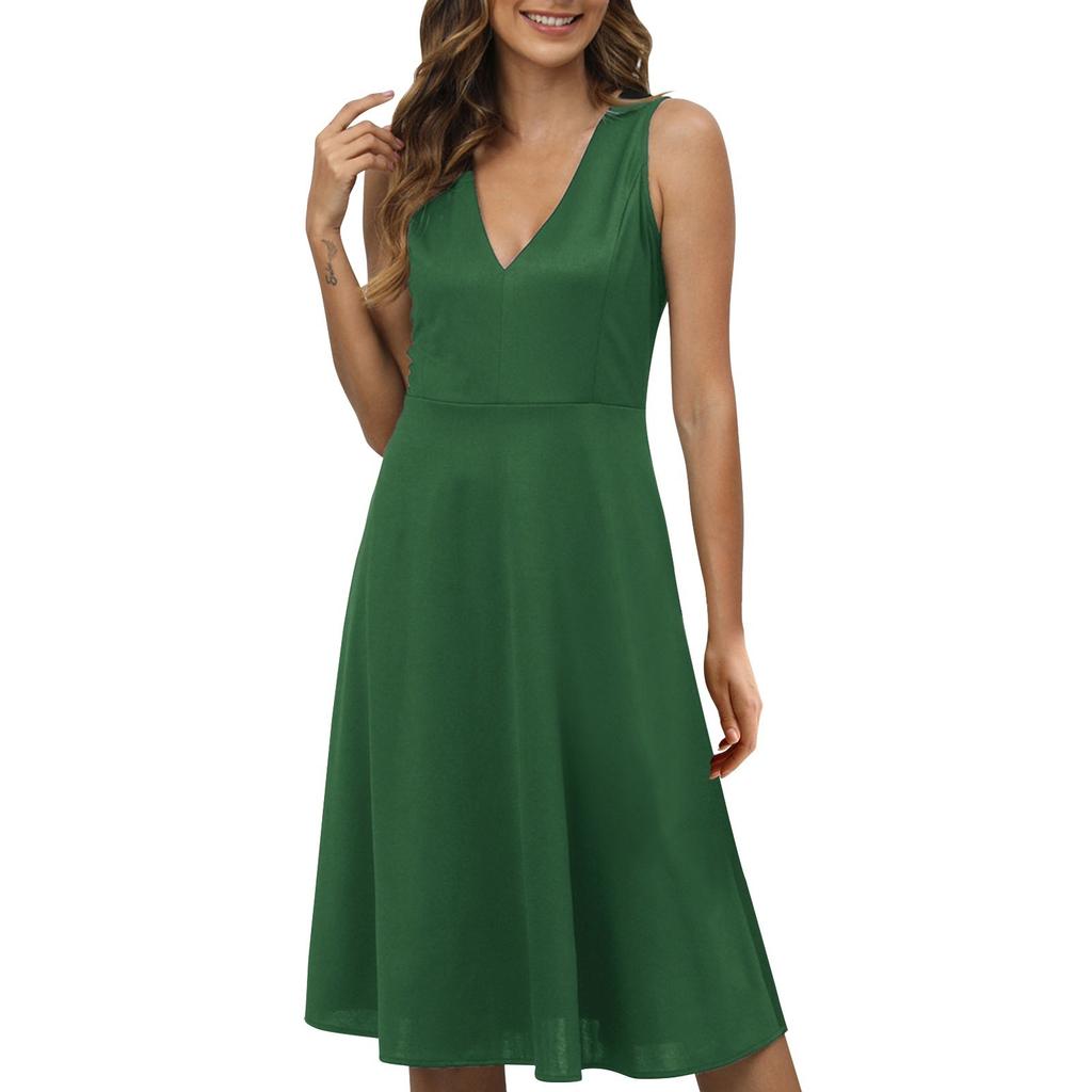 Damen Locker Lässig V-Ausschnitt Ärmellos Einfarbig Modisches Kleid Einfarbig Modisches Kleid