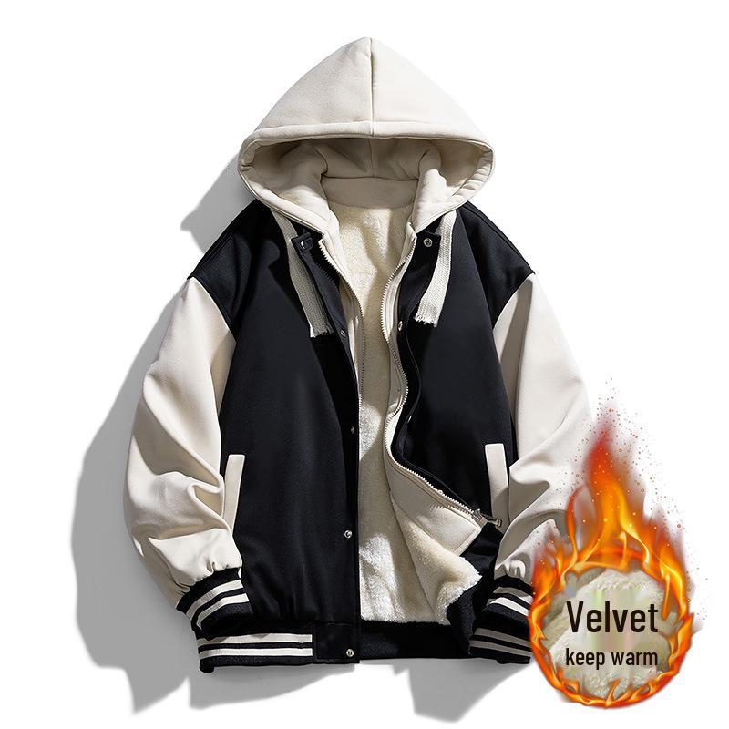 Men's Hong Kong Style Color Block Hooded Baseball Jacket - Trendy Brand, Faux Two-Piece, Plus Velvet Warmth, 2023 Edition