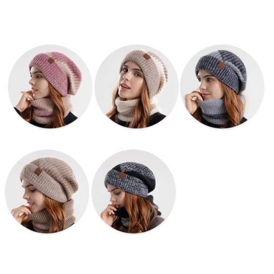 Yousheng 2 Pcs/Set Men Winter Hat Neck Warmer Thick Knit Stretchy Contrast Color Ear Protection Keep Warm Daily Wear Dome Cap Outdoor Skiing Skating