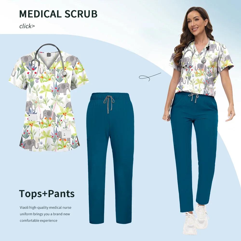 Printed Scrub Uniform Set V Neck Short Sleeves Pockets Top Medical Soft Scrub Pants Sets Nurse Surgical Uniforms Woman