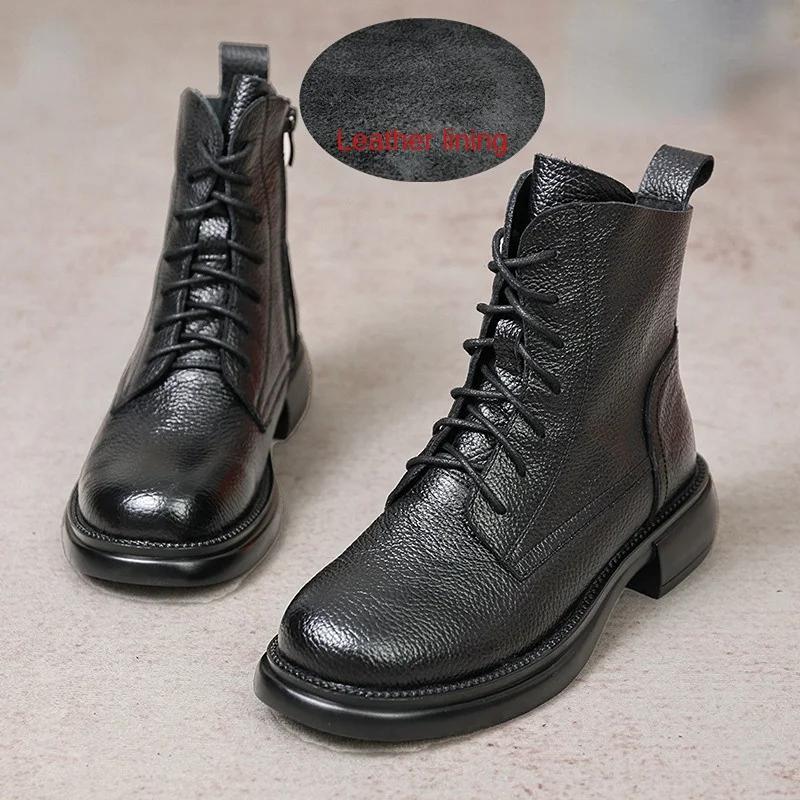 Fashion Spring Lady Ankle Booties Genuine Cow Leather Platform Shoes For Women Winter Youth Girls Soft Sole Thick Heel Knight Snow Boots