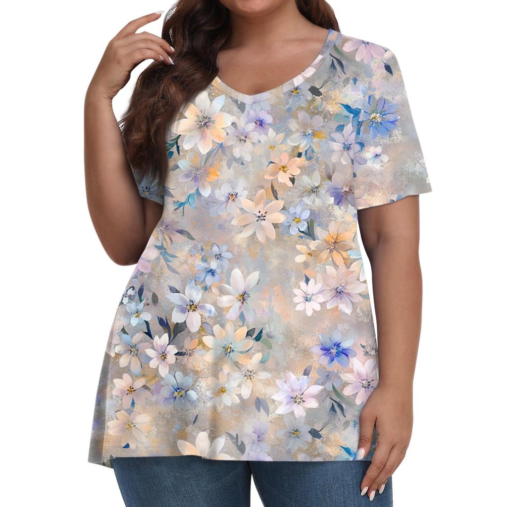 Women's Fashion Casual V-Neck Pullover Short Sleeve Large Size Printed T-Shirt Top