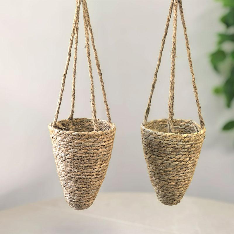 Hanging Straw Basket, Green Ivy Plants, Gardening Ornaments, Straw Weaving, Conical Flower Basket, Home Potted Plants, Balcony Decoration