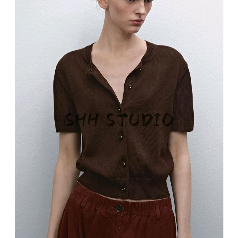 MD Summer Women's Clothing Minimalist Gentle Elegant Work Clothing Cotton round Neck Short Sleeve Knitting Cardigan 5657574