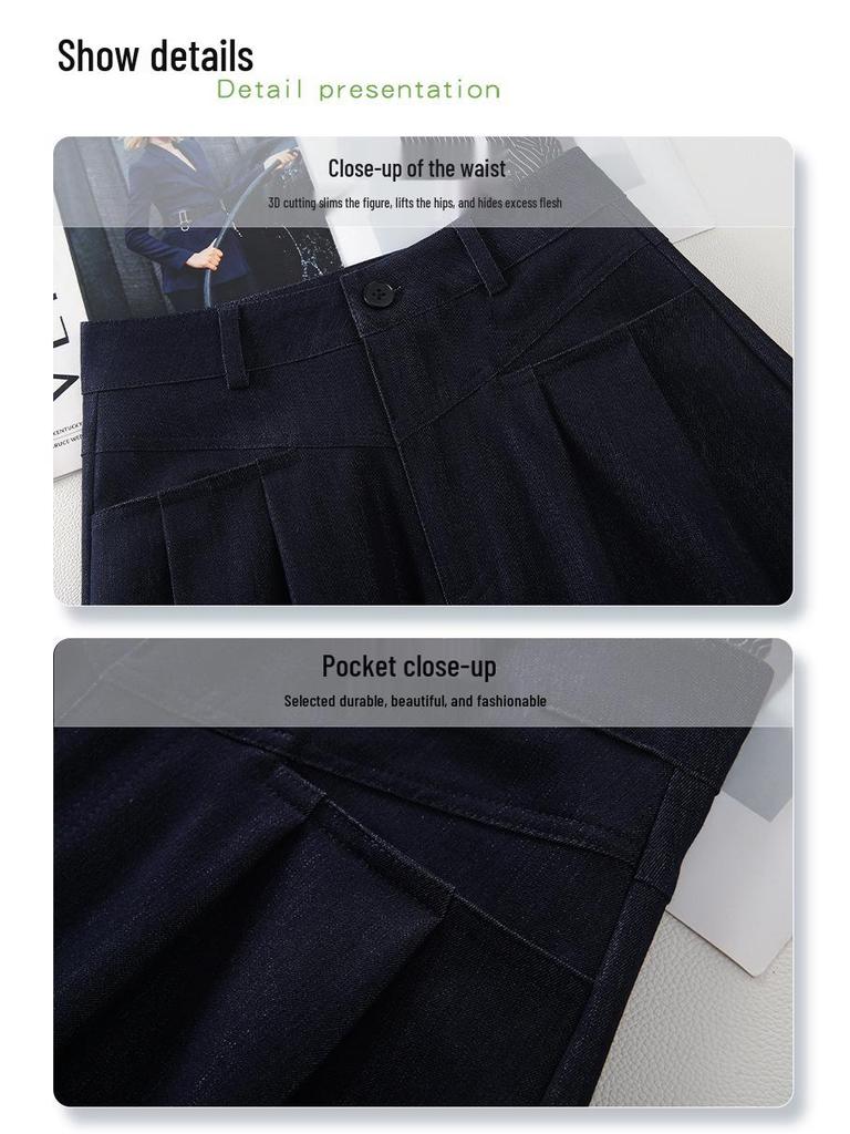 Women's High-Waist Dark Blue Denim Pleated Midi Skirt, 2025 New A-Line Slimming Design
