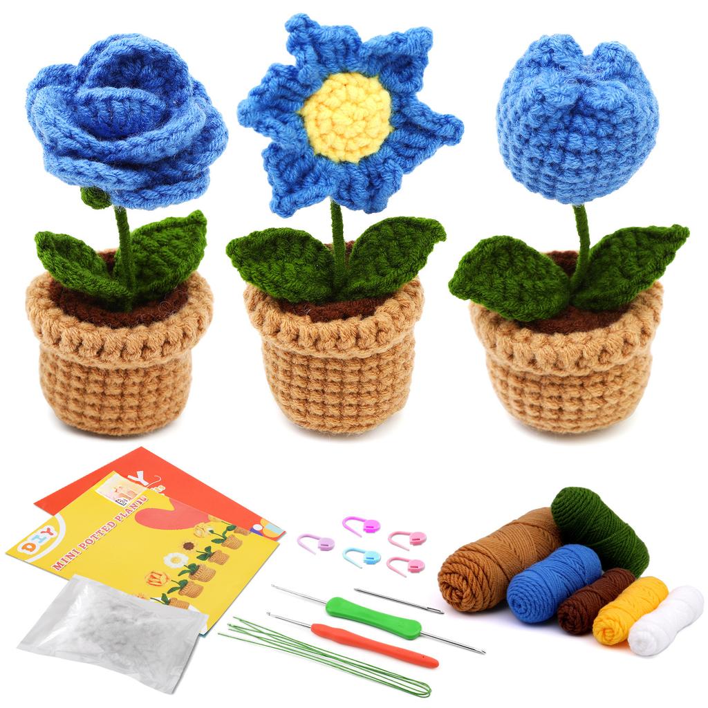 3/6pcs Crochet Potted Flower Kit for Beginners with Video Tutorial Cotton Knitting Yarn Thread Needles Hooks Knit Tool Set