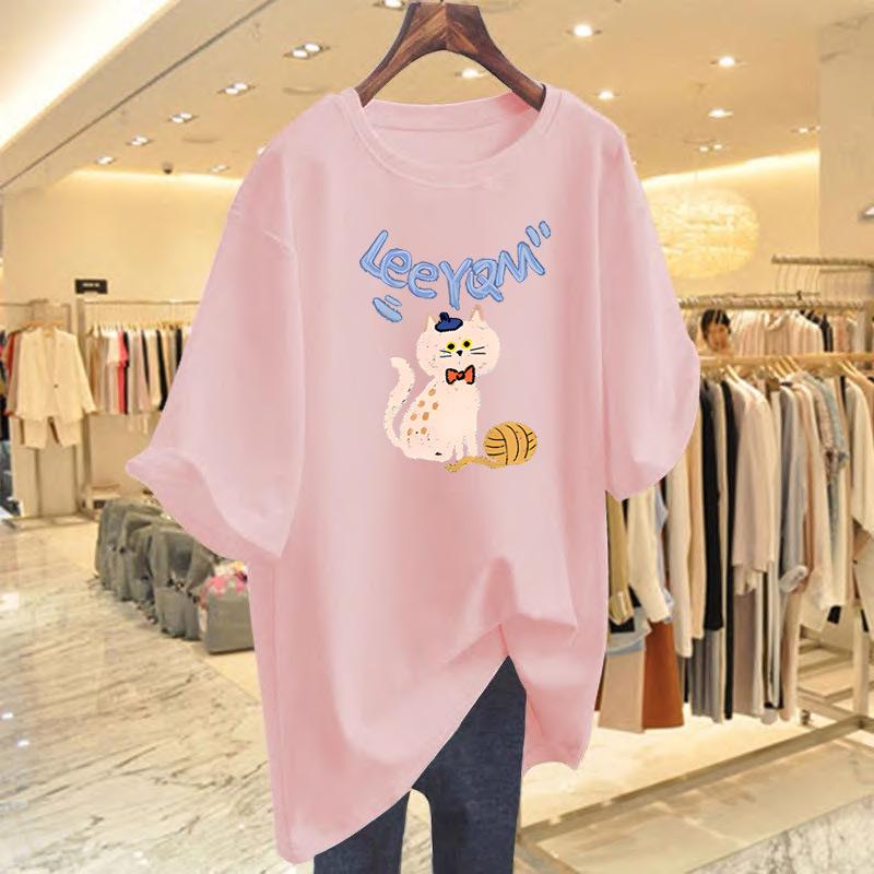2025 Spring/Summer Cartoon Cat Print Pure Cotton T-Shirt - Fashionable Short Sleeve Top