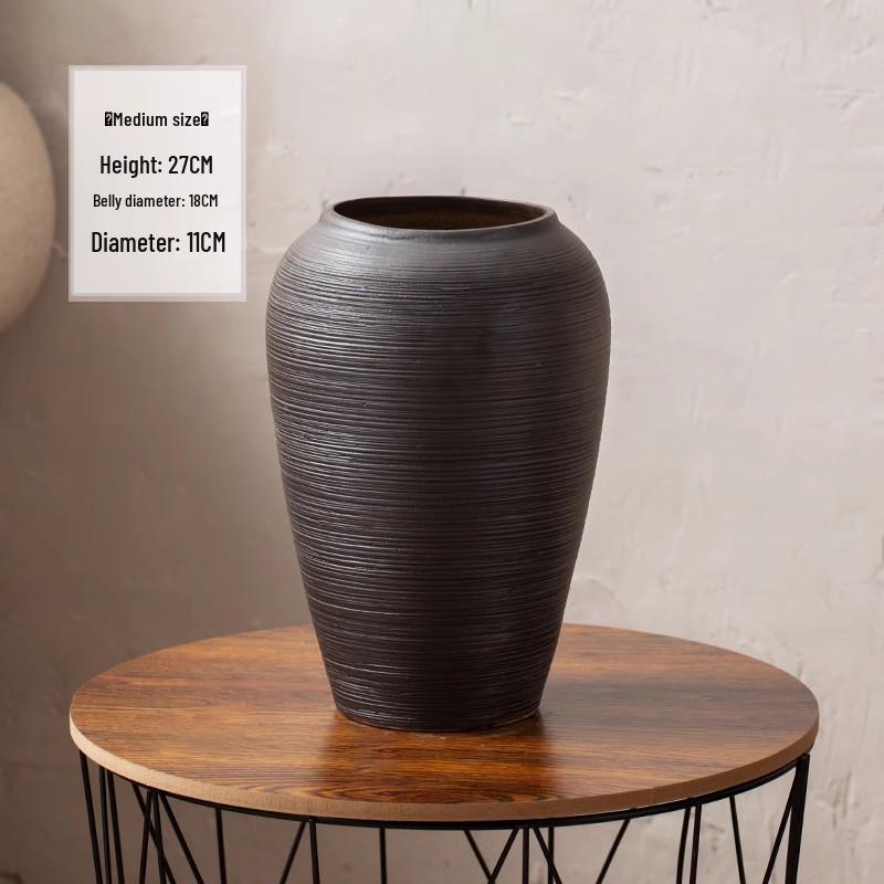 Zen Japanese Retro Black Pottery Vase for Dried Flowers - Large Tabletop Ornament for Living Room or Bedroom